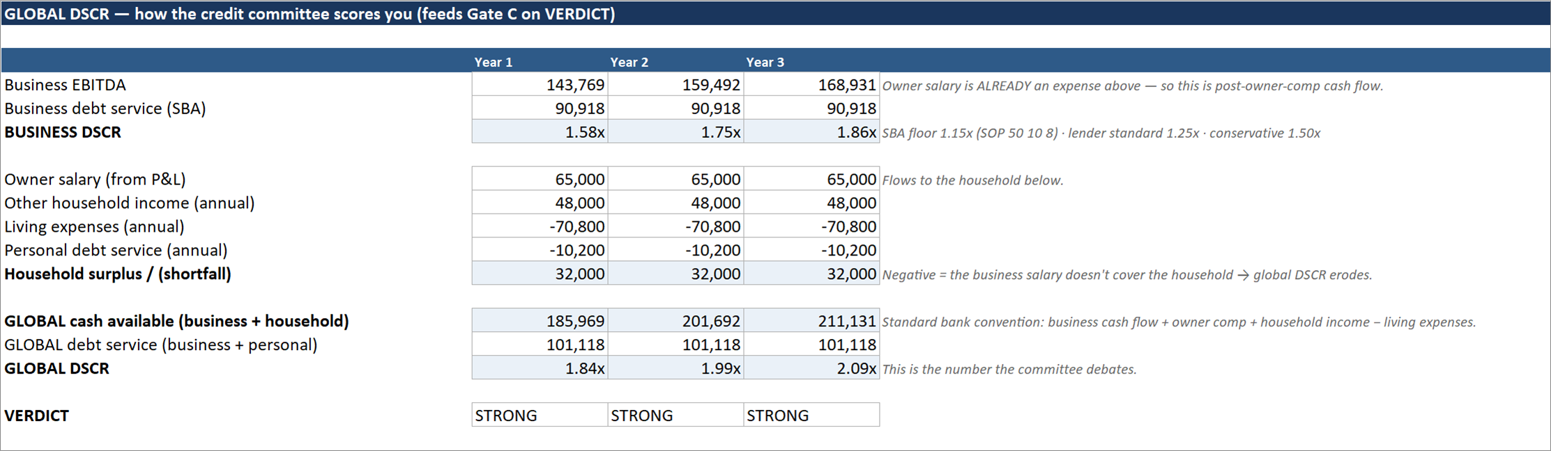 Global DSCR tab showing business DSCR of 1.58x-1.86x, household surplus, and global DSCR of 1.84x-2.09x with STRONG verdicts across three years