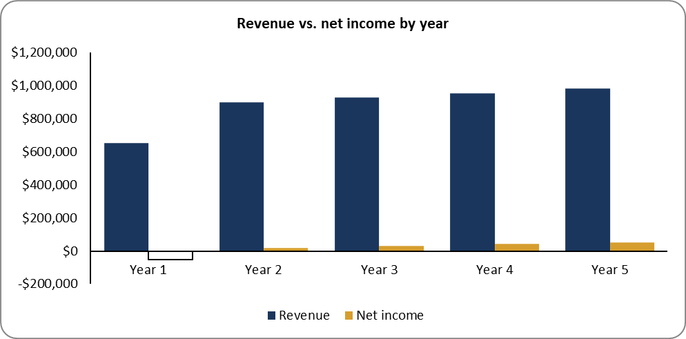 Bar chart of revenue versus net income across five years.